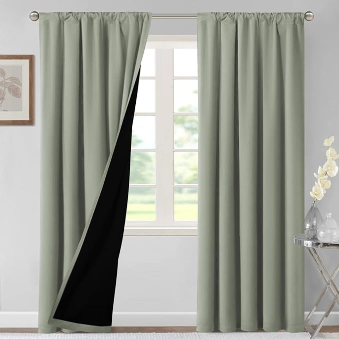 H.VERSAILTEX 100% Blackout Curtains for Bedroom Thermal Insulated Blackout Curtains 96 Inches Long Rod Pocket/Clip Rings Curtains for Living Room with Black Liner 2 Panels, Light Sage