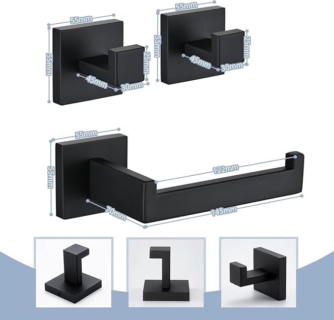 3PCS Bathroom Hardware Set, Matte Black Toilet Paper Holder, 2 Square Towel Robe Hooks, SUS 304 Stainless Steel, Wall Mounted, Modern, Rust‑Resistant (Black)