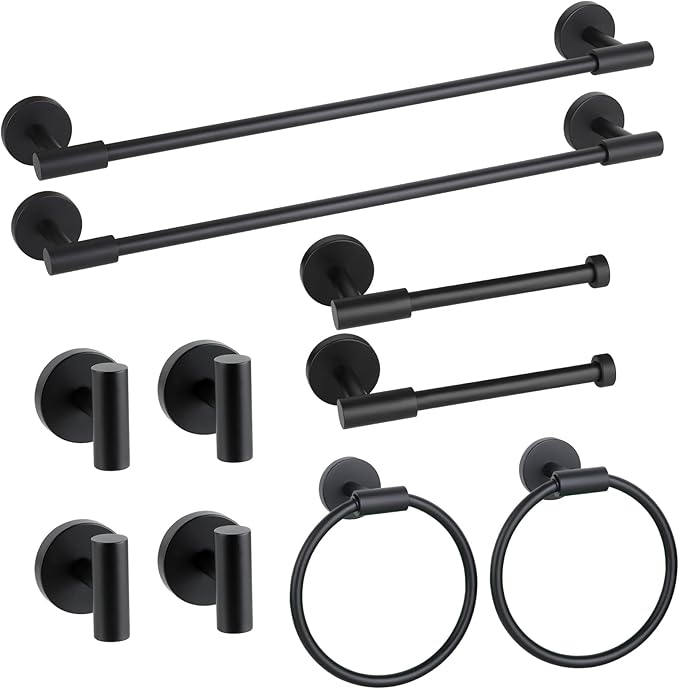Matte Black Bathroom Hardware Accessories Set 10 Pieces, SUS304 Stainless Steel Bathroom Towel Bar Toilet Paper Holder Set Wall Mounted-19 Inch Towel Bar, Toilet Paper Holder, Towel Hook, Towel Ring