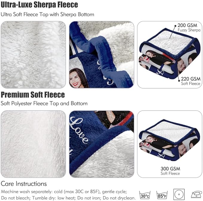 Custom Sherpa Fleece Blanket with Photos Text - Soft, Warm, Fuzzy Personalized Couples Gifts for Boyfriend, Girlfriend - Customized Picture Blanket for Birthday, Anniversary, Christmas