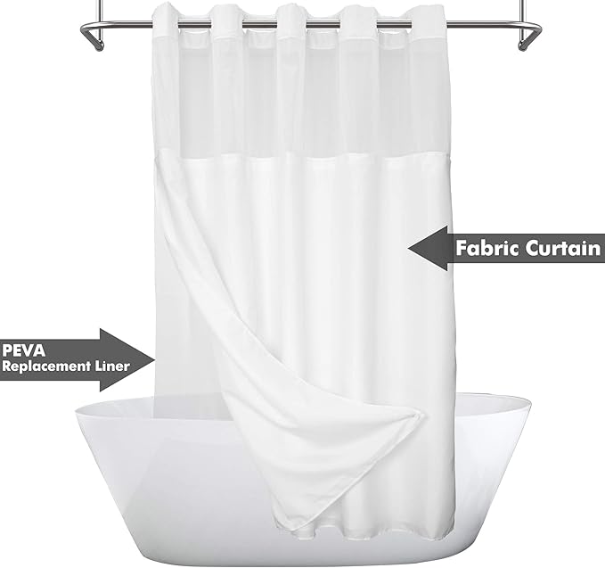 River Dream Long No Hook Slub Textured Shower Curtain with Snap-in PEVA Liner Set - 71" x 77"(75"), Hotel Style with See Through Top Window, Fabric Curtain & Waterproof Liner, White, 71x77