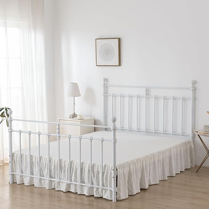 Bed Skirt Twin Size Ruffled Bed Skirt with Split Corners, 16 Inch Drop Dust Ruffle Bed Skirts with Platform, Boho Tufted Shabby Chic Twin Size Bed Skirts, Ivory