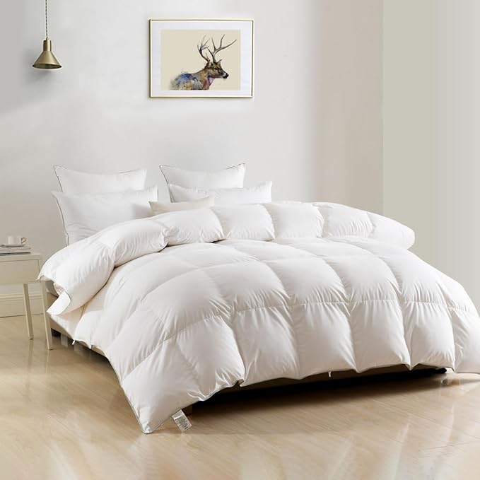 DWR Luxury Full Size Down Feather Fibers Comforter, Ultra-Soft Cotton Blend Fabric, High Fill Power Medium Weight for All Season Hotel Style Fluffy Duvet Insert with Ties (82x86 Inches, White)