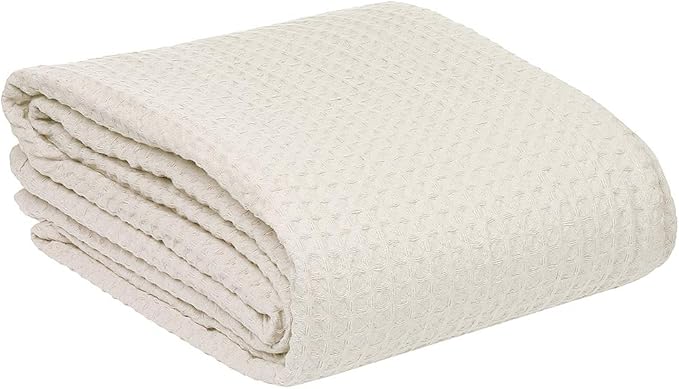 HILLFAIR 100% Combed Cotton Blanket– King Size Bed Blankets– Warm Soft All Season Breathable Lightweight Summer Blankets– Waffle Weave Home Decor Bed Blanket- Ivory King Bed Cotton Blankets/Bedcovers