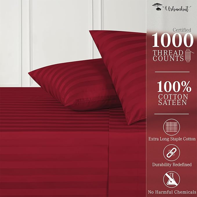 URBANHUT 1000 Thread Count Damask Striped Full Bed Sheets Egyptian Cotton Sheet Set, Long Staple Soft & Breathable, 4 Pc Bed Sheet Sets, Luxury Hotel Sateen Sheets Fits 16" Deep Pocket - Burgundy