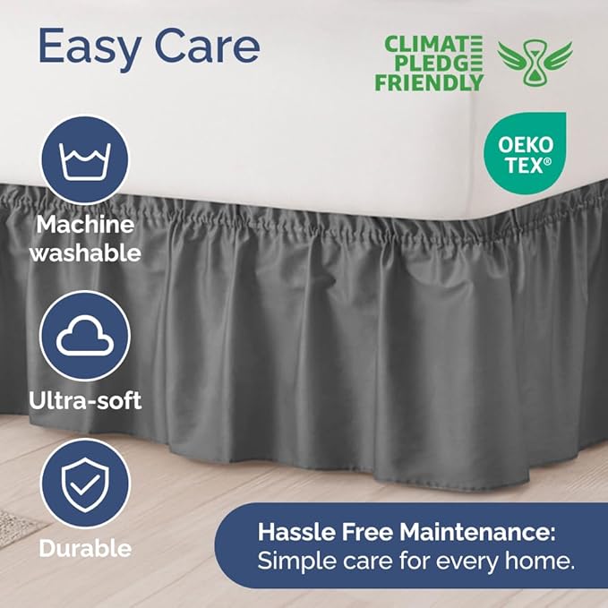 Wrap Around Dust Ruffle Bed Skirt - Dark Grey - for Twin Size Beds w/ 14 Inch Drop - Easy Fit Elastic Strap - Adjustable Pleated Bedskirt with Brushed Fabric, Wrinkle Free Women, Men, Kids and Teens
