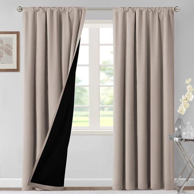 H.VERSAILTEX 100% Blackout Curtains for Bedroom Thermal Insulated Blackout Curtains 96 Inches Long Rod Pocket/Clip Rings Curtains for Living Room with Black Liner 2 Panels, Natural Sand