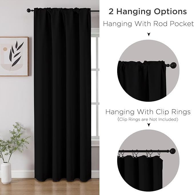 CUCRAF Black Blackout Curtains 54 inch Length 2 Panels Set, Rod Pocket Room Darkening Drapes for Bedroom Living Room, Insulated Thermal Light Blocking Window Curtain (W52 x L54 Inch)