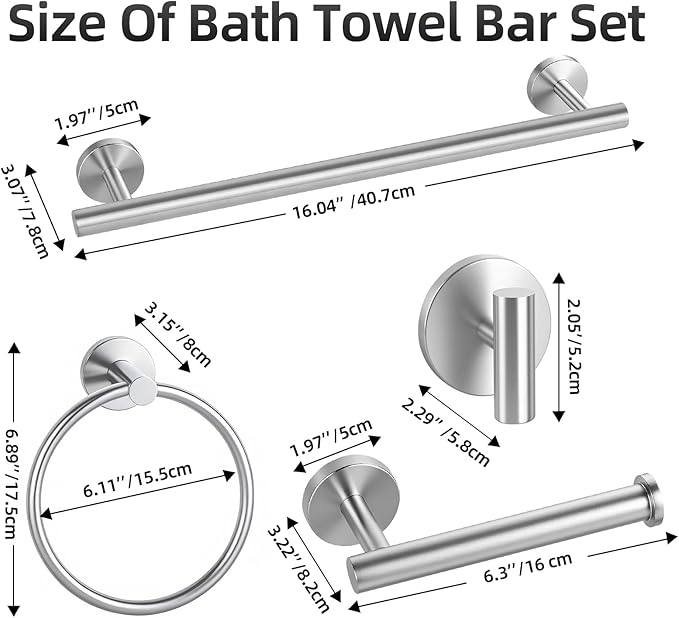 Brushed Nickel Towel Bar Set 5 Pieces, SUS304 Stainless Steel Bathroom Hardware Set, Bathroom Towel Holder Set Wall Mounted-16 Inch Towel Bar, Toilet Paper Holder, Towel Hooks, Towel Ring
