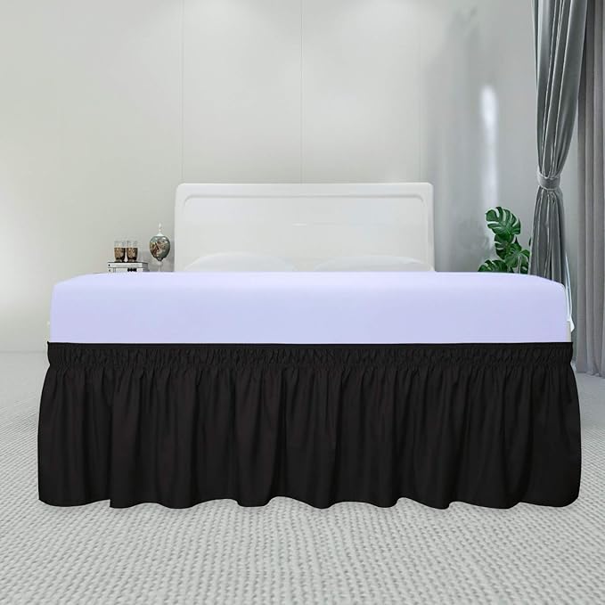 PureFit Wrap Around Ruffled Bed Skirt with Adjustable Elastic Belt - 14 Inch Drop Easy to Put On, Wrinkle Free Bedskirt Dust Ruffles, Bed Frame Cover for Twin, Twin XL and Full Size Beds, Black