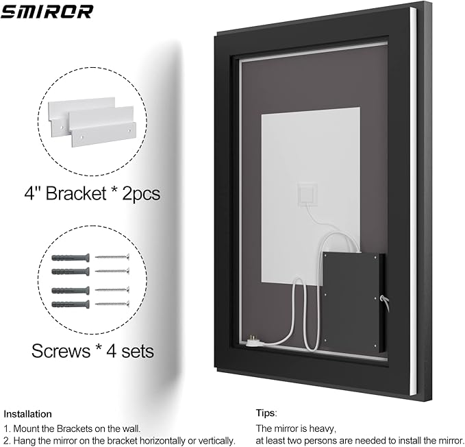 SMIROR 24x 36 LED Mirrors Bathroom Wall, Lighted Vanity Mirrors with Lights, Dimmable, Anti-Fog, Memory, Shatterproof, ETL Listed (Front and Backlit)