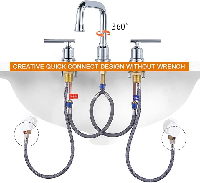 WOWOW Widespread Bathroom Faucet Chrome 8 inch Bathroom Sink Faucet Adjustable 3 Pieces Basin Faucets 360° Swivel Spout Modern Lavatory Faucet Vanity Faucets Water Supply Lines Quick Install Pipe