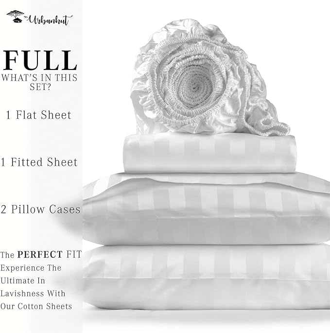 URBANHUT 1000 Thread Count Egyptian Cotton Sheets Damask Striped Full Size, Long Staple Soft & Breathable, 4 Pc Bed Sheet Sets, Luxury Hotel Sateen Sheets Fits 16" Deep Pocket - White