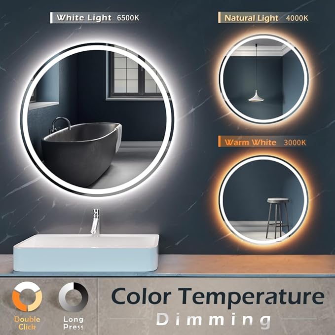 KWW 40 Inch Large Modern LED Round Bathroom Vanity Mirror, Color Temperature Adjustable, Anti-Fog Dimmable Lights, Easy to Install, Wall Mounted Makeup Mirror with Smart Touch Button