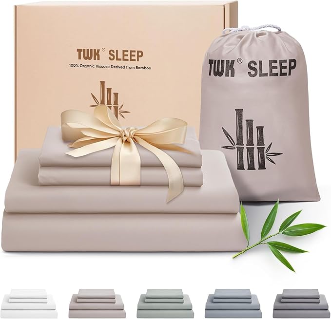 TWK Luxury Sheet Set, Genuine 100% Viscose Derived from Bamboo, Cooling & Breathable, Silky Soft, Bedding Sheets & Pillowcases (Sand, King)