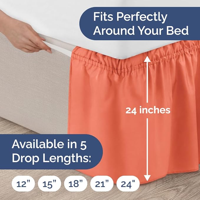 Wrap Around Dust Ruffle Bed Skirt - Coral - for King Size Beds with 24 Inch Drop - Easy Fit Elastic Strap - Adjustable Pleated Bedskirt w/Brushed Fabric - Wrinkle Free - for Women, Men, Kids & Teens