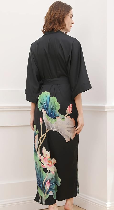 Ledamon Women's Kimono Long Robe - Classic Floral Bathrobe Nightgown