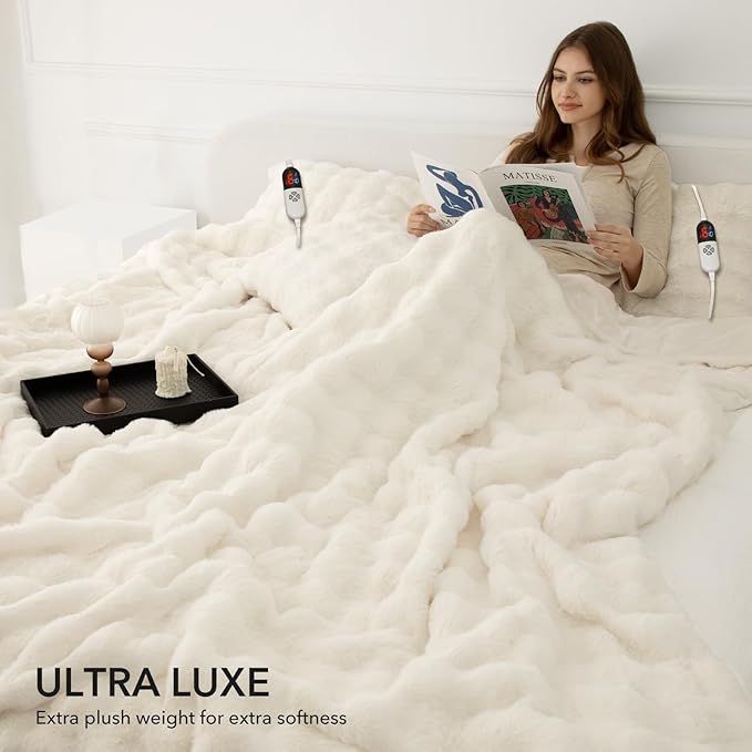 Faux Rabbit Fur Bubble Queen Size Heated Blanket White - Fluffy Thick Electric Blanket Queen with Dual Control, 6 Heating Levels & 10 Timer Settings, Overheat Protection, Home Decor,84" x 90"