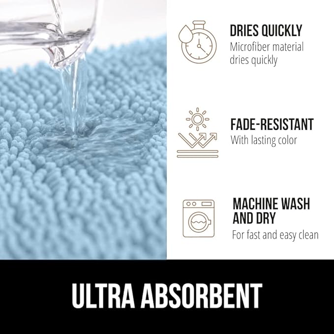 GORILLA GRIP Bath Rug Mat 30x20, Soft Absorbent Chenille, Quick Dry Microfiber Mats, Rubber Backing Washable Shower Floor Rugs, Bathmat Runner, US Designed Bathroom Home Decor Accessories Sky Blue