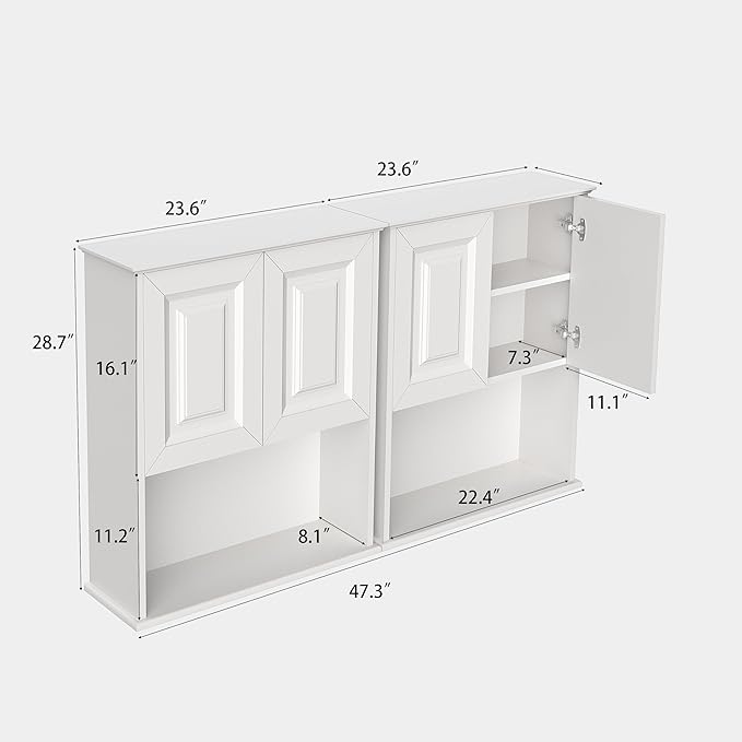 Bathroom Wall Cabinet Wooden with 2 Doors,Over the Toilet Storage Cabinet,Bathroom and Laundry Wall Mount Storage Medicine Cabinet with Open and Adjustable Shelf,Easy Assembly (Style B-2 PC, White)