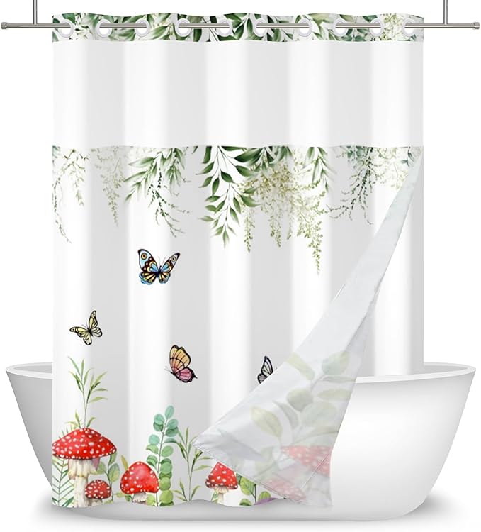 Spring Shower Curtain No Hooks with Snap-in Fabric Liner Set,Green Leaf Mushroom Butterfly Shower Curtain for Bathroom,Hotel Decor Waterproof Shower Curtains,with See Through Top Window,71W x 74H