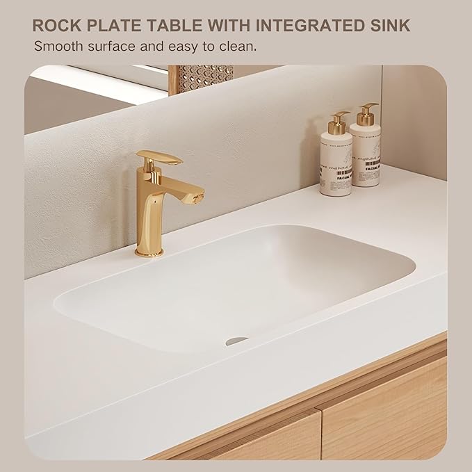 Single Sink Bathroom Vanity, 48Inch Modern Bathroom Vanity Set Includes LED Smart Defogging Mirror Cabinet and Open Shelf, Floating Vanities with One Piece Sink and Drawers Storage(Original Wood )