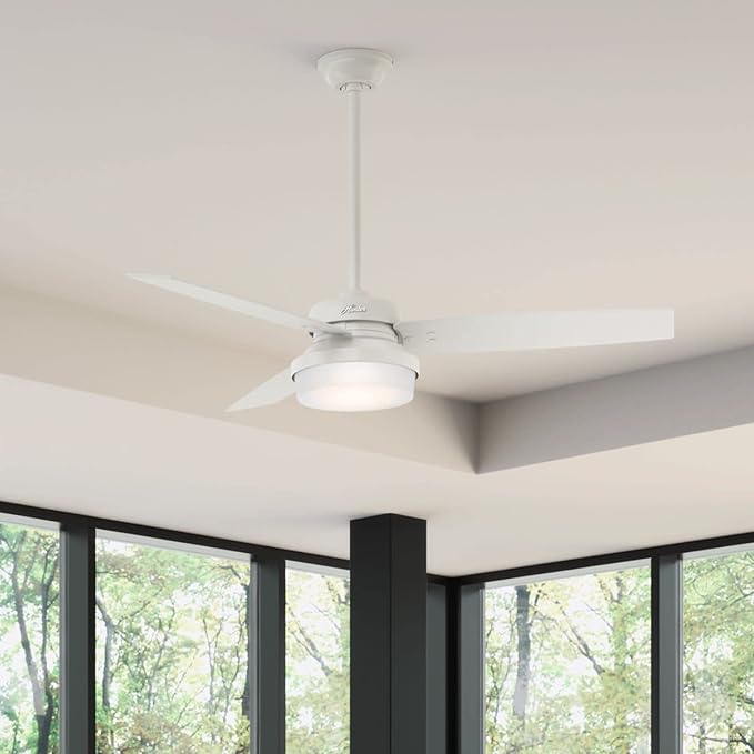 Hunter 52 inch Indoor Ceiling Fan with LED Light and Remote Control - Standard Mount White Ceiling Fan, 3 Blades, For Bedroom, Living Room, or Kitchen - Sentinel 59169, Fresh White
