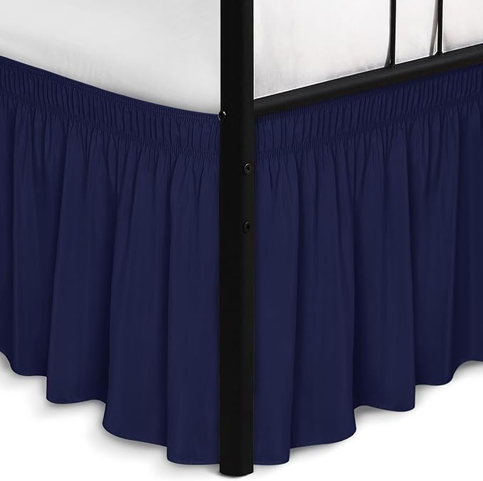 Biscaynebay Wrap Around Bed Skirts with Split Corners for King Beds 14" Drop, Navy Elastic Dust Ruffles Adjustable Easy Fit Wrinkle & Fade Resistant Silky Luxurious Fabric Machine Washable