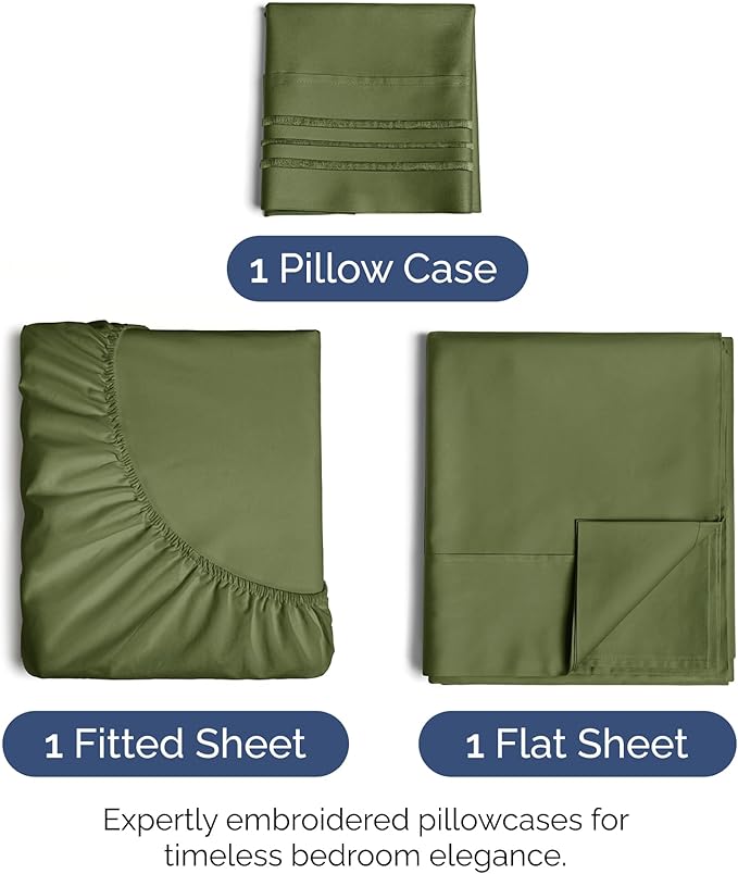 Twin XL Size 3-Piece Sheet Set - Extra Soft, Breathable & Cooling - Hotel Luxury Durable Bed Sheets for Women & Men - Deep Pockets, Easy-Fit & Wrinkle-Free - Deep Olive Oeko-Tex