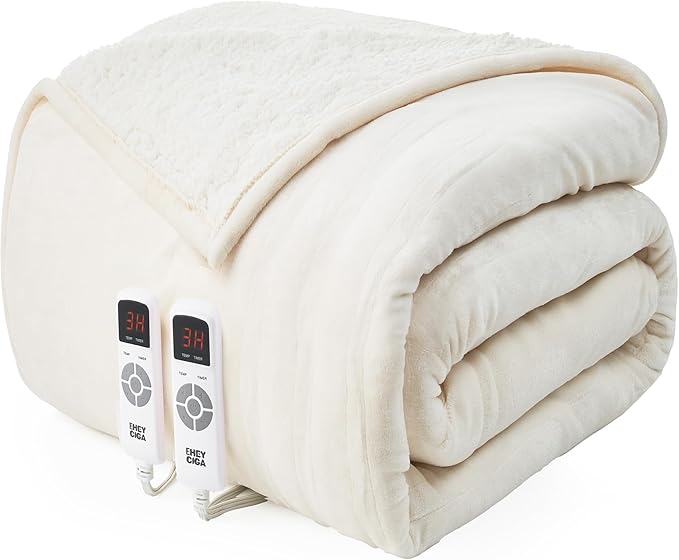 EHEYCIGA Heated Blanket Electric Blanket King Size - Heating Blanket with 9 Heating Levels & 10 Hours Auto Off, Soft Cozy Sherpa Washable Dual Control Blanket with Fast Heating, 90 x 100 Inches