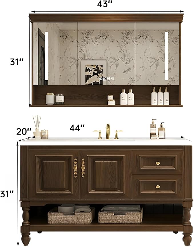 Solid Wood Bathroom Vanity with Sink,Freestanding Bathroom Vanity Large Storage Cabinet & Open Mirror Cabinet,Soft Closing Doors and Drawers,Luxury Bathroom Vanities Set(Brown,44")