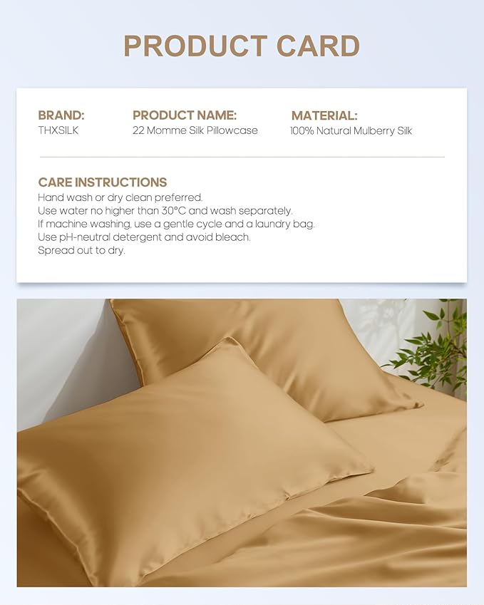 THXSILK Set of 2 100% Pure Mulberry Silk Pillowcases for Hair and Skin, 22 Momme Zipper Silk Pillow Case Standard Size, Real Silk Pillowcases with Zipper (Metallic Gold, Queen 20"x30")
