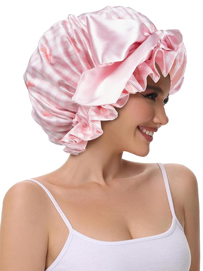 Cute Adjustable Silk Bonnet for Sleeping Double Layer Satin Cap Hair Sleep Bonnet for Curly Hair Pink White Bow