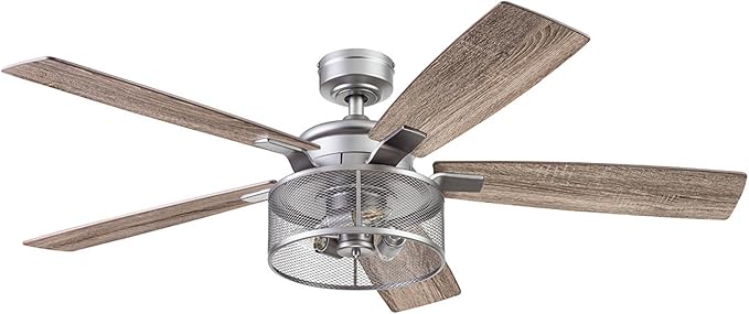 Honeywell Ceiling Fans Carnegie, 52 Inch Industrial Style Indoor LED Ceiling Fan with Light, Remote Control, Dual Mounting Options, 5 Dual Finish Blades, Reversible Airflow - 51460-01 (Silver)