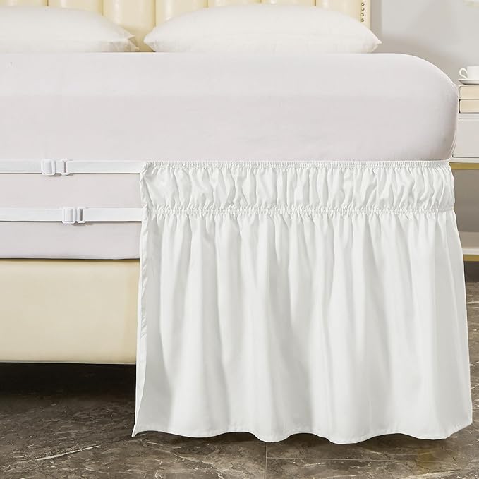 MEILA Wrap Around Bed Skirt Three Fabric Sides Elastic Dust Ruffled 18 Inch Tailored Drop,Easy to Install Fade Resistant-Natural White, Queen/King