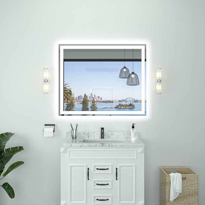 LED Bathroom Mirror 44"x 36", Double Lighting Sources Dimmable, Front and Backlit Bathroom Mirror with Lights, Anti-Fog Lighted Bathroom Vanity Mirror, Tempered Glass (Horizontal/Vertical)