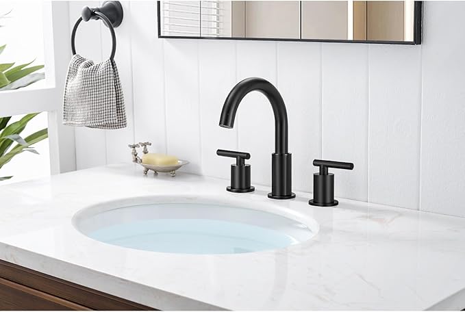 Matte Black Bathroom Faucet 3 Hole, 8 Inch Widespread with Pop-up Drain, 2 Handle Bathroom Sink Faucet, Modern Vanity Faucet for Bathroom Sink with 360° Swivel Spout