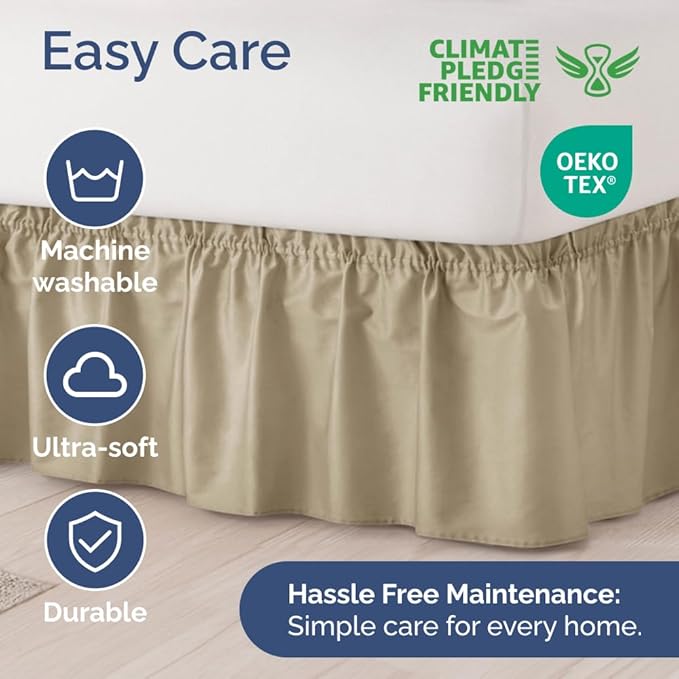 Wrap Around Dust Ruffle Bed Skirt - Beige - for Full Size Beds w/ 14 Inch Drop - Easy Fit Elastic Strap - Adjustable Pleated Bedskirt w/Brushed Fabric, Wrinkle & Fade Free Women, Men, Kids & Teens