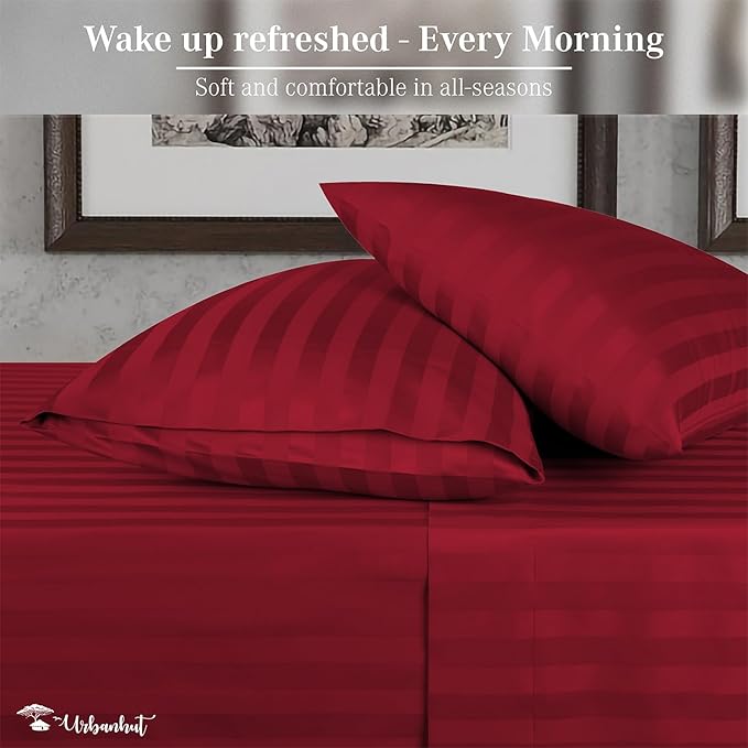 URBANHUT 1000 Thread Count Damask Striped Queen Bed Sheets Egyptian Cotton Sheet Set, Long Staple Soft & Breathable, 4 Pc Bed Sheet Sets, Luxury Hotel Sateen Sheets Fits 16" Deep Pocket - Burgundy