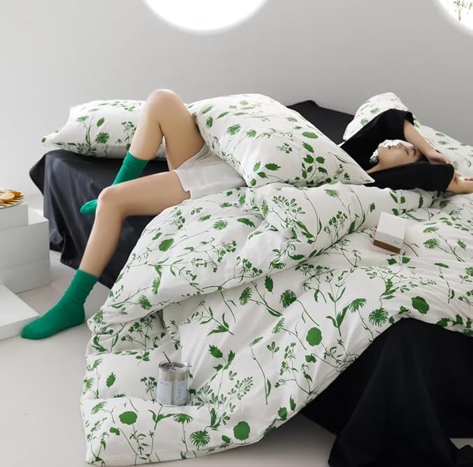 KAREVER Sage Botanical Comforter Set Full White and Green Floral Plant Bedding Comforter Set Girls Blanket Rustic Leaf Blossom Women White Farmhouse Comforter Full