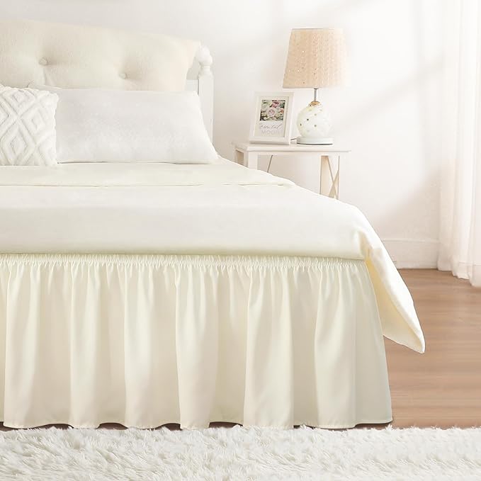 RIMELA Bed Skirt Queen Size 12 Inch Drop, Wrap Around Elastic Bedskirt Solid Microfiber Luxury Hotel Quality Fabric, Easy to Install Machine Washable Wrinkle & Fade Resistant, Cream Yellow