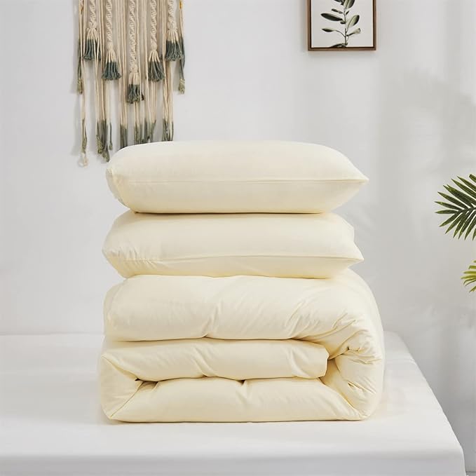 Cottonight Ivory Comforter Set Queen Beige White Bedding Comforter Set Full Off White Solid Blanket Quilts Cotton Modern Soft Breathable Modern Simple Ivory Bedding Set for Women Men Queen Bed
