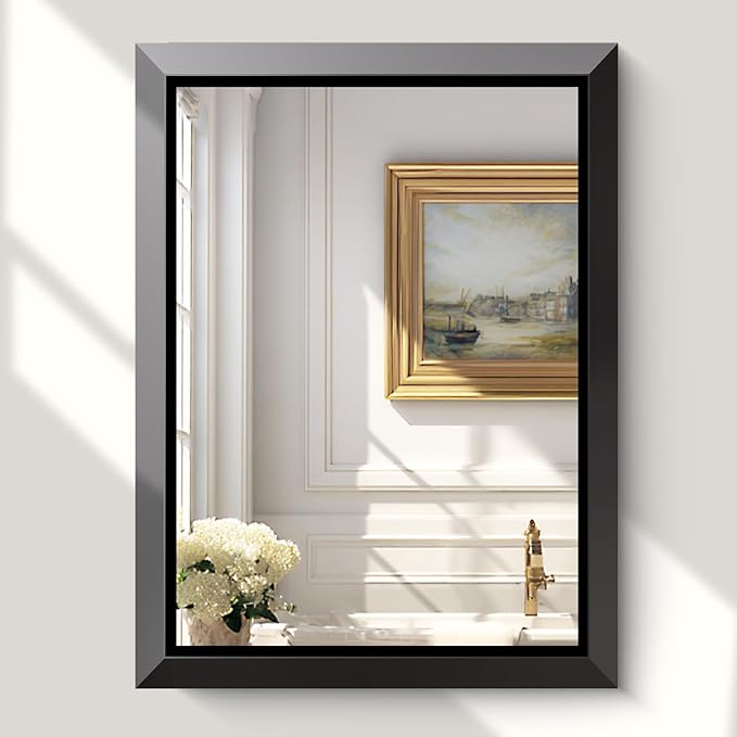 USHOWER Black Bathroom Mirrors for Over Sink, 24x32 Inch Beveled Rectangular Bathroom Vanity Mirror, Brushed Thick Aluminum Framed, Anti-Rust, 4mm Copper-Free Silver Wall Mirror