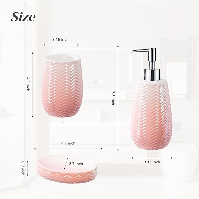 Pink Bathroom Accessories Set, 3 Pcs Ceramic Bathroom Decor Contain Toothbrush Holder,Soap Dispenser, and Soap Dish.