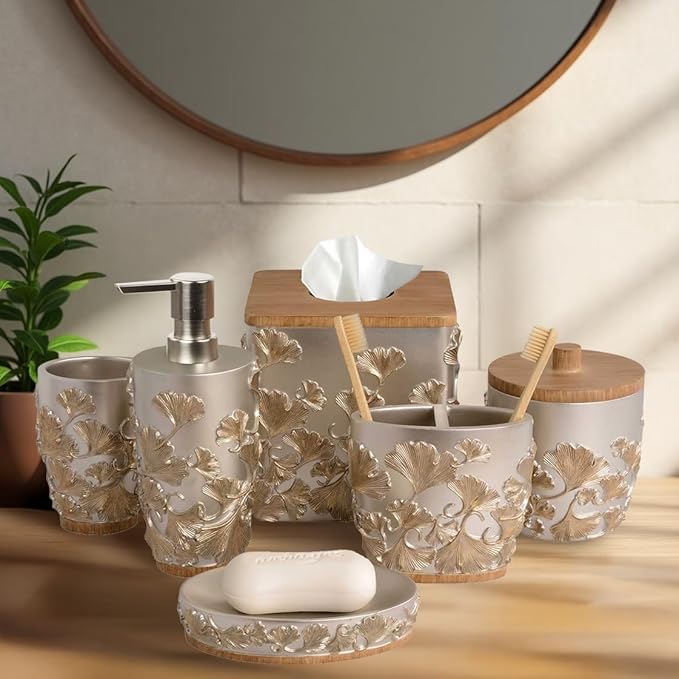 Decozen Bathroom Accessories Set 6Pcs – Soap Dispenser, Toothbrush Holder, Tumbler, Soap Dish & Cotton Swab Jar – Modern Bathroom Decor, Bath Set for Christmas Decor, Valencia