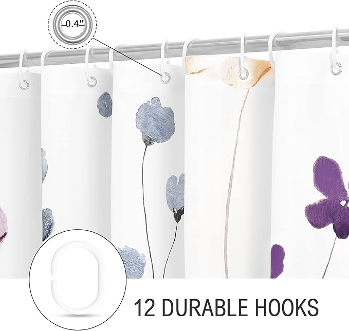 Gibelle Small Stall Shower Curtain 36 x 72, Narrow Half Watercolor Floral Fabric Shower Curtain, Purple Beige Flower Decorative Bathroom Shower Curtain Set with Hooks