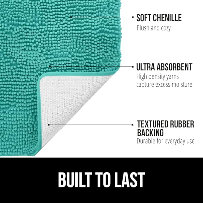 GORILLA GRIP Bathroom Rug Sets, Soft Chenille 2 Piece Area Rugs Set, Toilet Base Mat and 30x20 Carpet, Absorbent Microfiber Washable Mats Dry Quickly, Home Décor and Bath Room Accessories, Turquoise