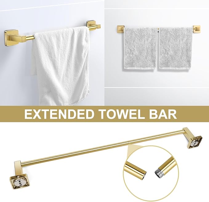 Bathroom Hardware Set 4 Pieces, Stainless Steel Gold Towel Bar Set, Includes 24In Towel Bar, Towel Ring, Robe Towel Hooks,Toilet Paper Holder, Bathroom Towel Rack Set