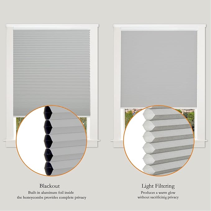 Persilux Light Filtering Cellular Blinds for Windows Pleated Cordless Roller Shades Room Darkening UV Protection Honeycomb Shades for Home, Windows and Bedroom, Dark Grey, 37" W x 60" H