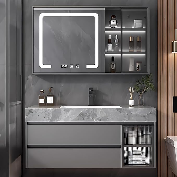 Gray 36IN Modern Bathroom Vanity - Wall-Mounted Bathroom Storage Cabinet & Bathroom Vanity with Sink, Bathroom Medicine Cabinet Wall Mounted, Defogging & Led Lighting | Bathroom Cabinet Slim